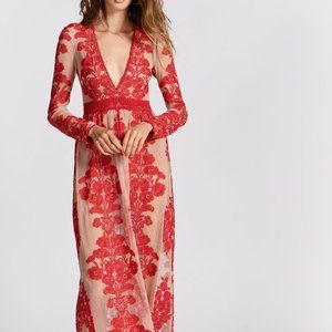 R.Vivimos Red Floral Embroidered V-Neck Maxi Dress